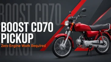 Red 70cc commuter motorcycle demonstrating a performance setup for boosting Honda CD70 pickup without internal engine modifications.