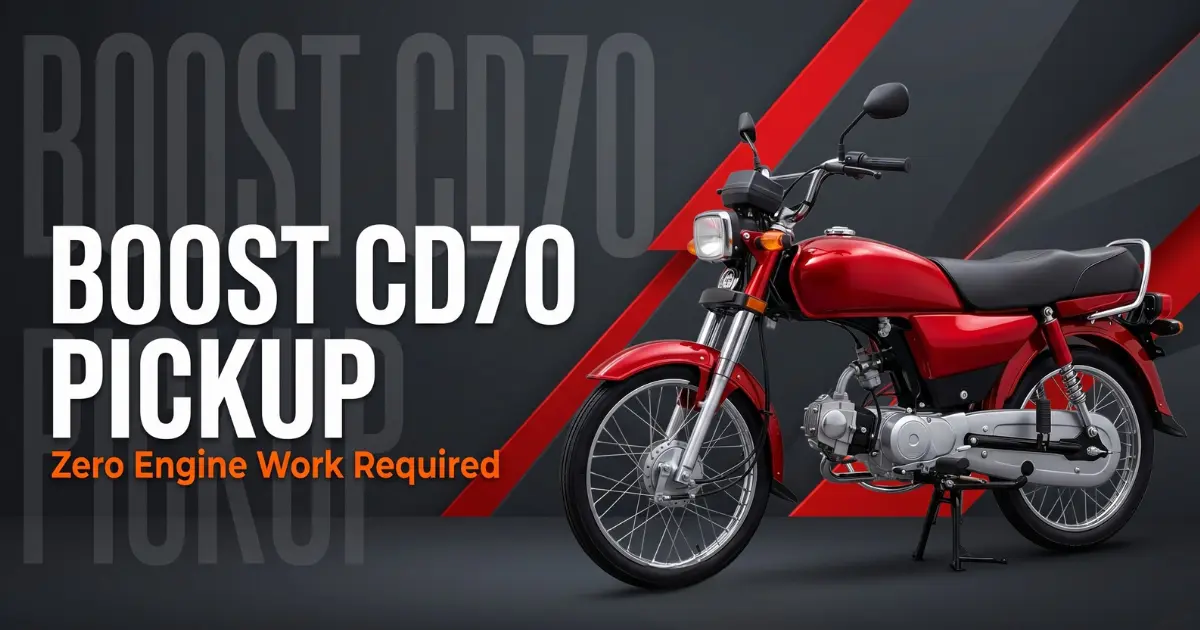Red 70cc commuter motorcycle demonstrating a performance setup for boosting Honda CD70 pickup without internal engine modifications.